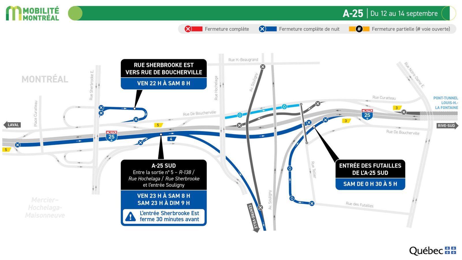 🚧 Week-end chargé sur le réseau : pont de l’Île-aux-Tourtes fermé et multiples fermetures sur A-25, A-10 et pont Jacques-Cartier. Planifiez! #Montréal #Trafic #MTMD #REM