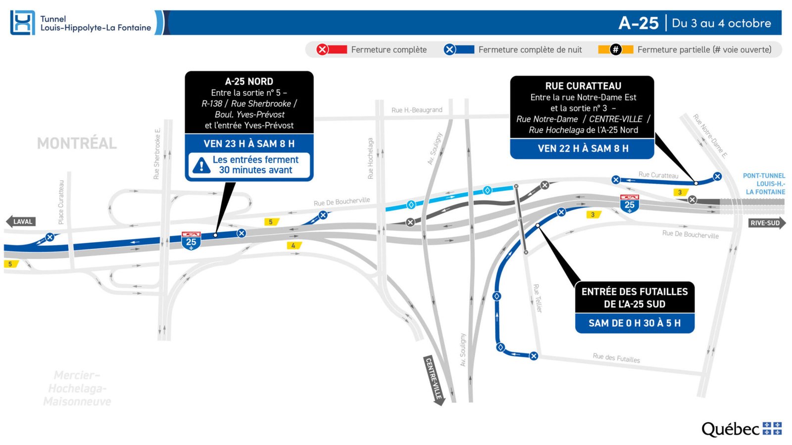 🚧 Le MTMD annonce la fermeture de l’A-25 nord dans la nuit du 3 au 4 octobre pour des travaux liés au tunnel Louis-Hippolyte-La Fontaine. Planifiez vos déplacements ! #MTQ #Montréal