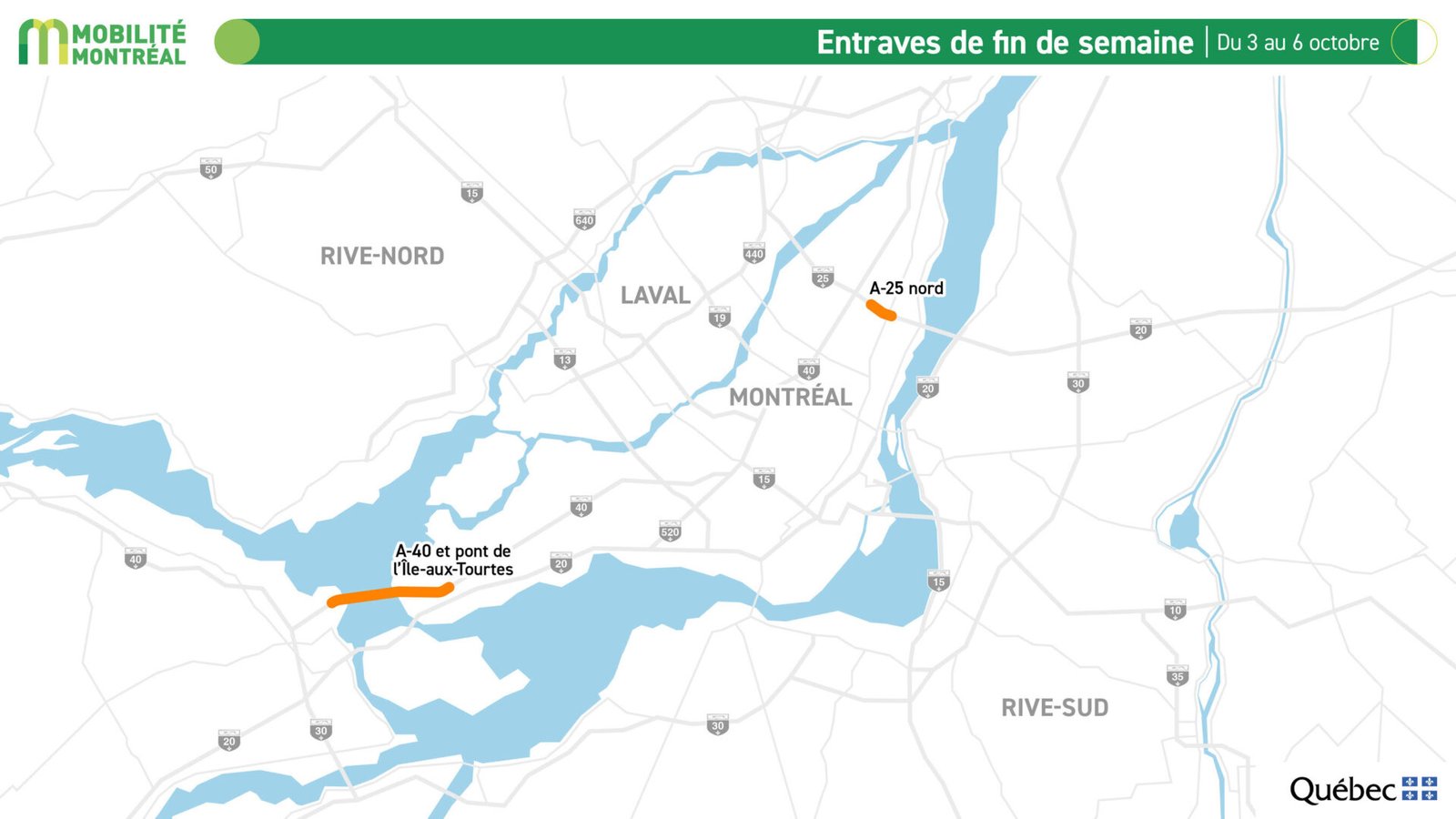 🚧 3–6 oct. : gros chantiers autour de MTL. Pont de l’Île-aux-Tourtes fermé, entraves A-25 & centre-ville, détours et options A-30/REM. Tout ce qu’il faut savoir ici. #Montréal #Circulation #MTQ