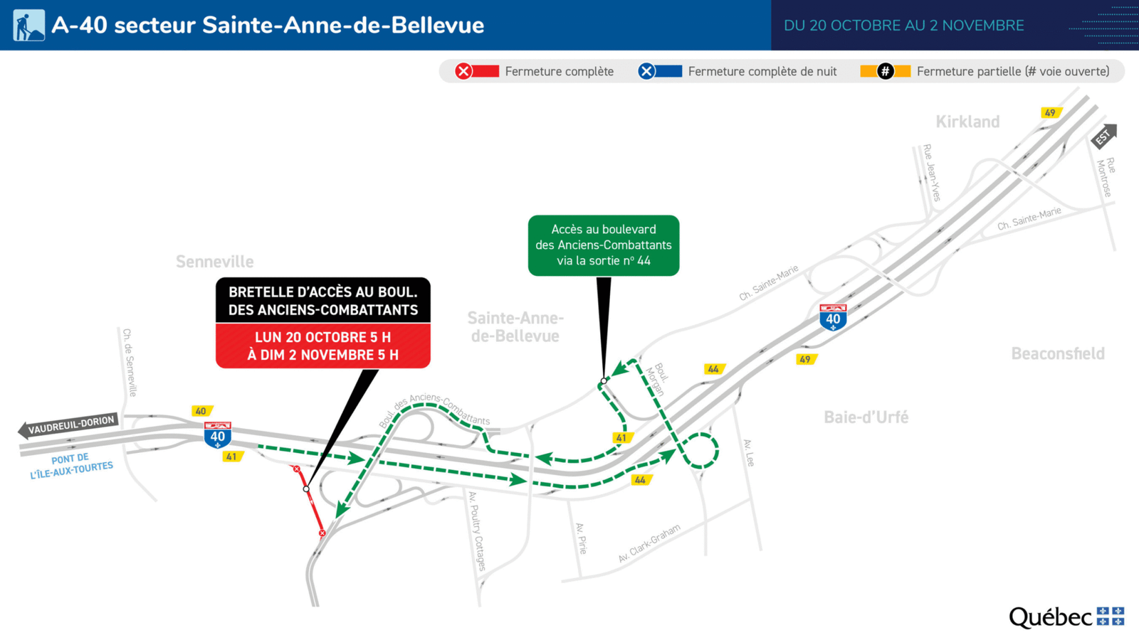 Fermeture stratégique de l’accès au boulevard des Anciens-Combattants depuis l’A-40 Est : tout ce qu’il faut savoir pour circuler à Montréal